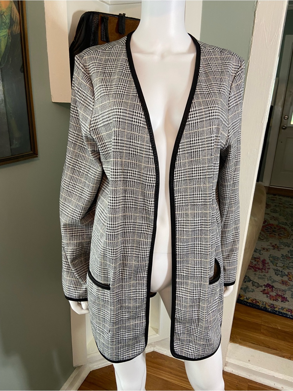 Max Studio Black White Glen Plaid Houndstooth Cardigan Blazer Sweater Jacket XL